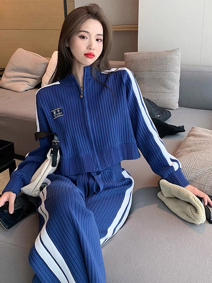 College style stand-up collar short zipper jacket blue age-reducing top high-waisted slimming wide-leg pants women's autumn and winter two-piece set
