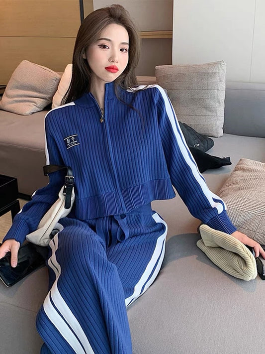 College style stand-up collar short zipper jacket blue age-reducing top high-waisted slimming wide-leg pants women's autumn and winter two-piece set