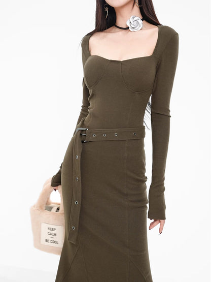 Spring and Autumn Hot Girl Knitted Dress Slim-fitting Bottoming Slimming Tight Sweater Little Mom Fishtail Stepmother Hip Skirt