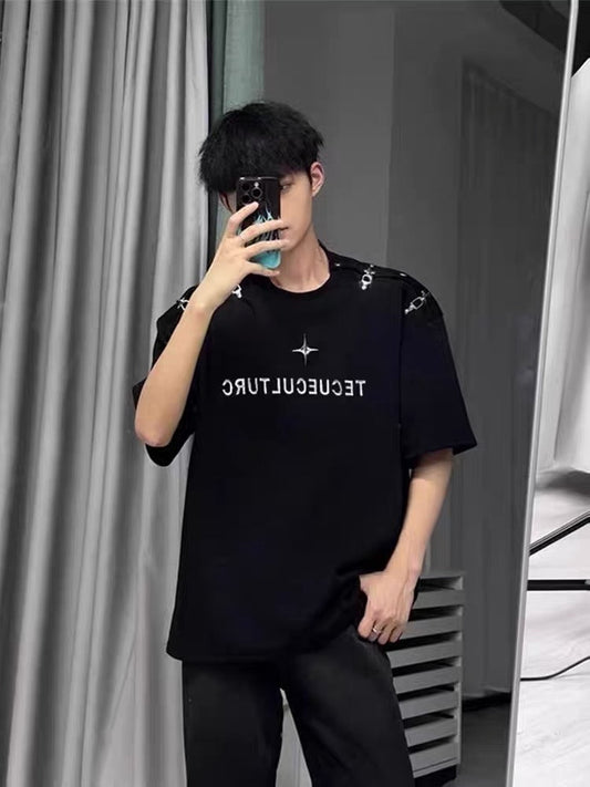 American hiphop heavy cotton deconstructed metal buckle short-sleeved t-shirt men and women summer design sense small crowd ruffian handsome top