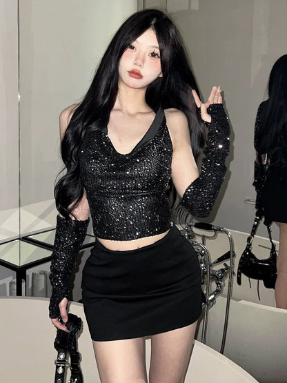 KLIOU is both A and sassy. Black sequined swing collar hooded vest with sleeves makes the street slim and stylish hot girl top.