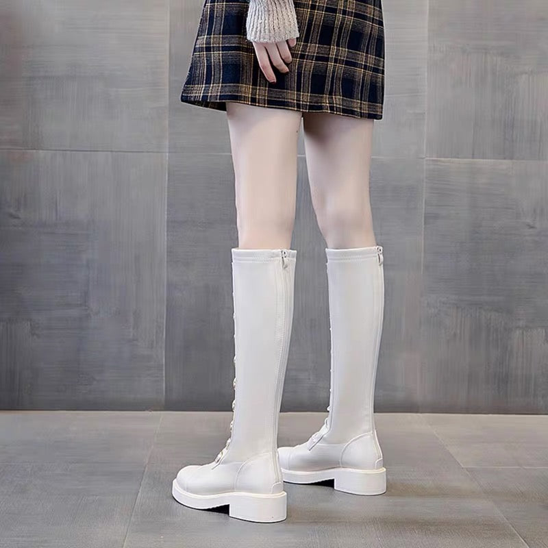 High boots, white boots for women, winter plus velvet, 2023 new Internet celebrity hot style, slim knight boots, thick soles, increased height