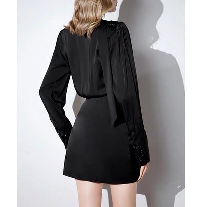 High-end satin dress, feminine v-neck long-sleeved retro little black dress, autumn and winter bottoming dress, annual party dress (V8817)