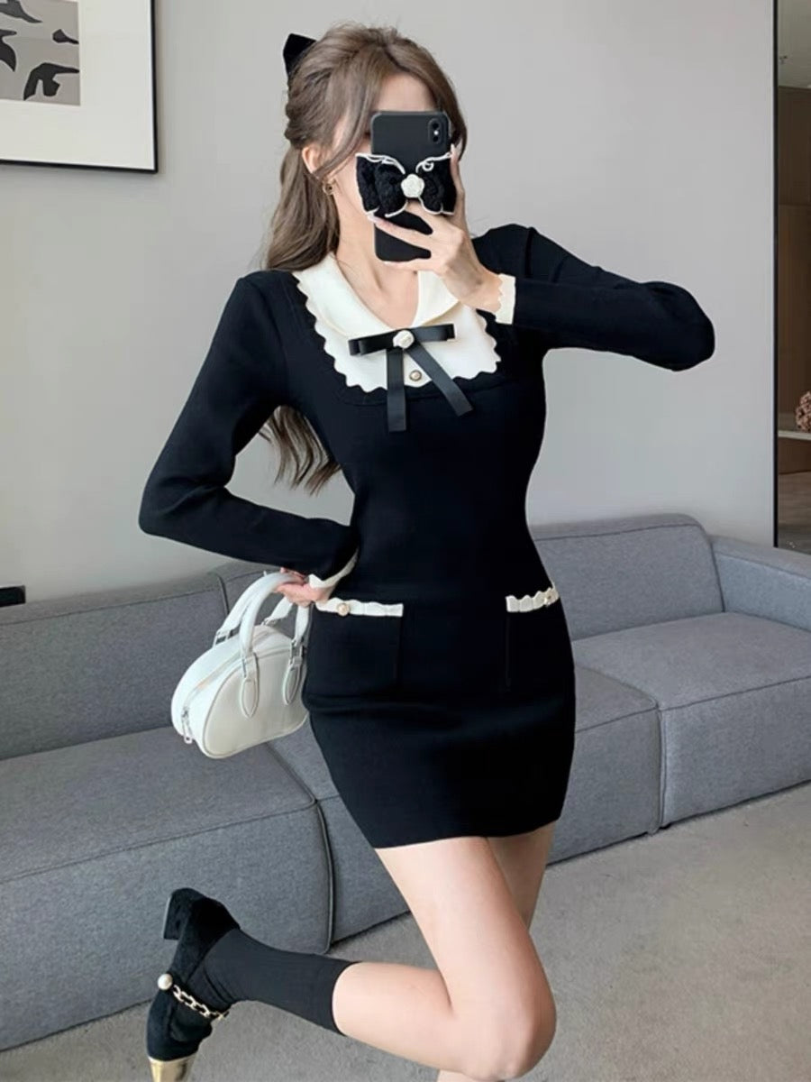 Minimalist bow ruffled contrasting color knitted dress for women winter small fragrant style bottoming sweater hip-hugging miniskirt D5511