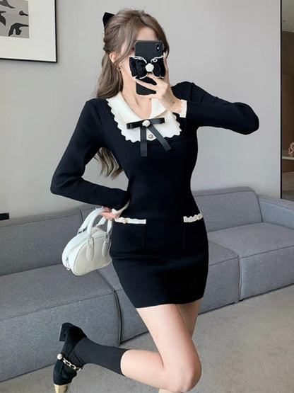 Minimalist bow ruffled contrasting color knitted dress for women winter small fragrant style bottoming sweater hip-hugging miniskirt D5511