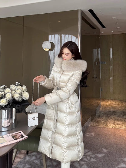 Shanxi said that champagne color large 90 white duck down long warm down jacket women's winter hooded high-end temperament coat (B1314)