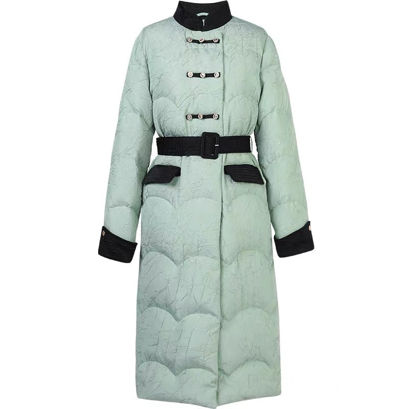 2023 winter new fashion temperament national style design contrasting color thickened lace-up 90 down down jacket for women