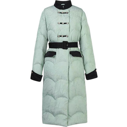 2023 winter new fashion temperament national style design contrasting color thickened lace-up 90 down down jacket for women