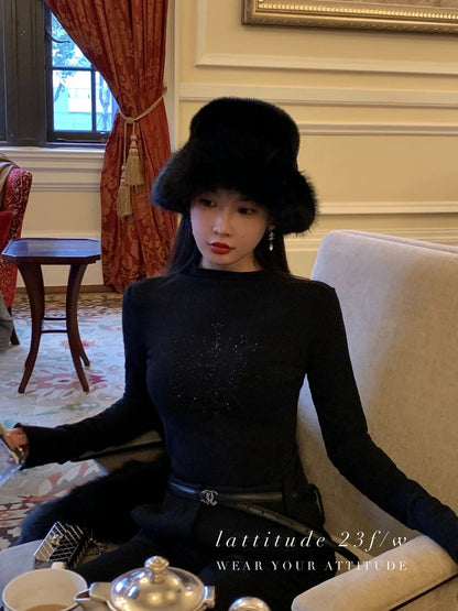 Lattitud Yang Xiaolu Amir hot diamond hand-painted pattern high collar 10% wool versatile knitted base