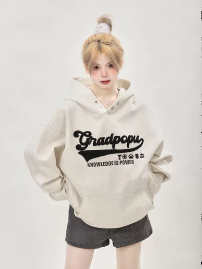 Lazy style oversize letter embroidered gray sweatshirt for women in autumn and winter American retro hooded heavyweight couple tops
