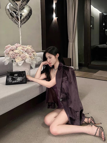 For Fay cold smoked purple velvet blazer high-end Hong Kong style retro casual top for women