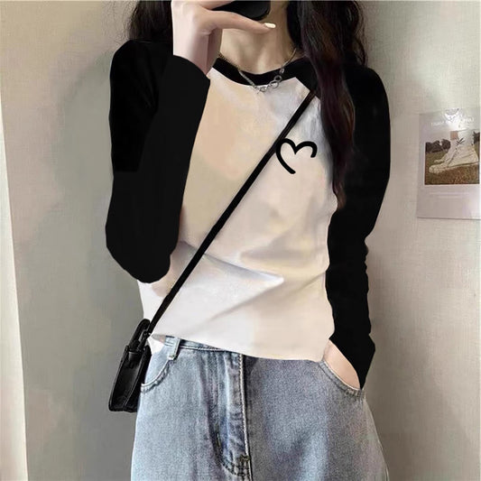 Contrast color pure cotton inner wear design sense splicing long-sleeved T-shirt female 2025 autumn and winter new European goods loose slim top M