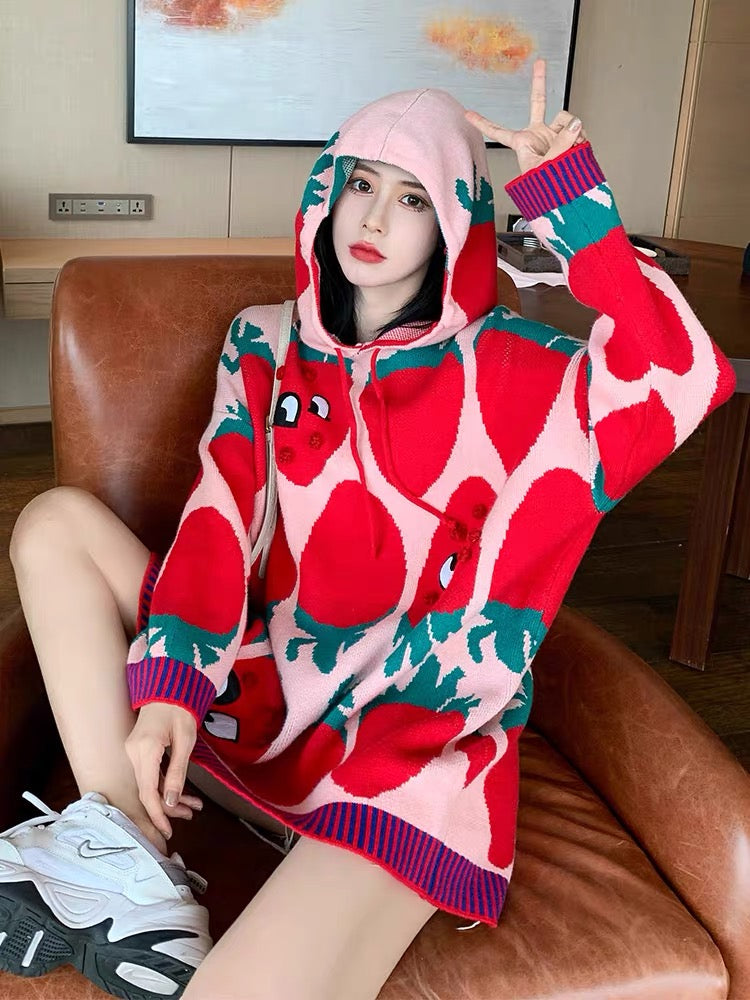 Hooded Red Strawberry Sweater Women's 2023 Autumn and Winter New Tops Loose Outerwear Knitwear Thickened Korean Style T2385