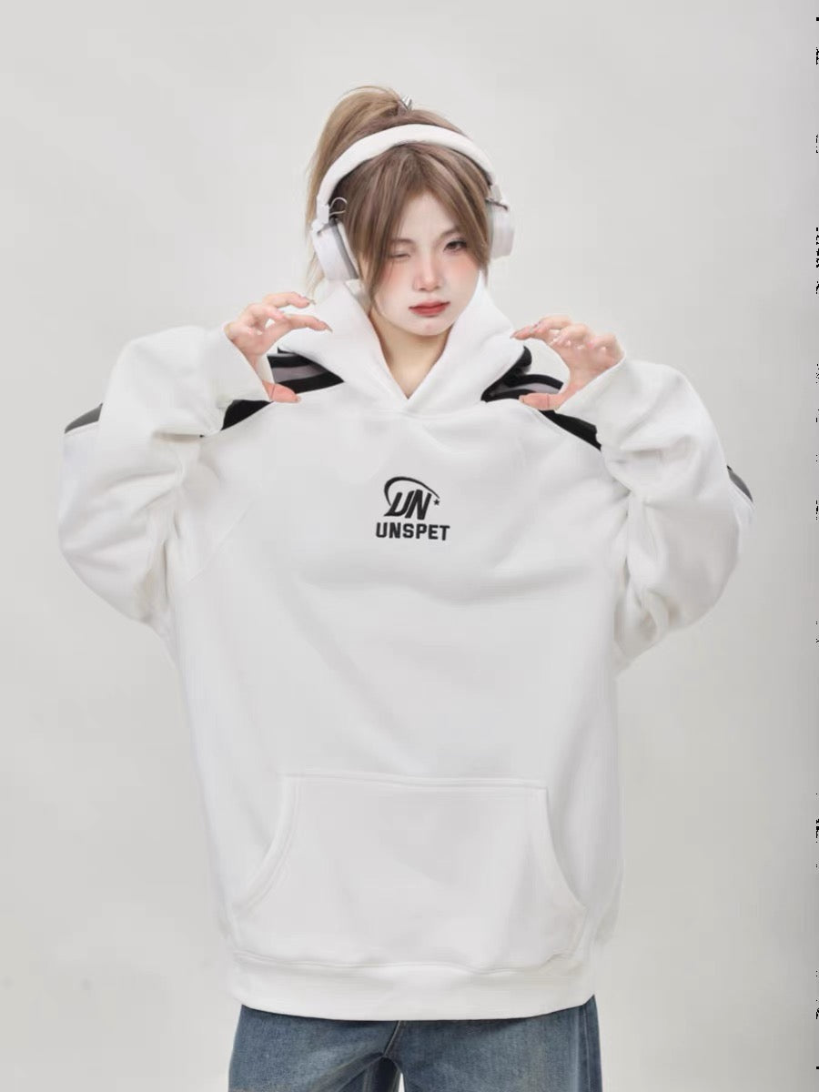 American retro oversize pink sweatshirt plus velvet thickened women's winter hooded lazy style couple niche top A3349