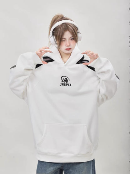 American retro oversize pink sweatshirt plus velvet thickened women's winter hooded lazy style couple niche top A3349