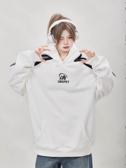 American retro oversize pink sweatshirt plus velvet thickened women's winter hooded lazy style couple niche top A3349