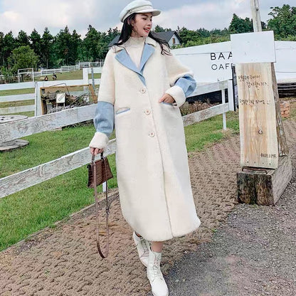 Fashionable denim splicing fur one-piece lamb wool coat for women 2023 winter new loose over-the-knee thickened cotton coat