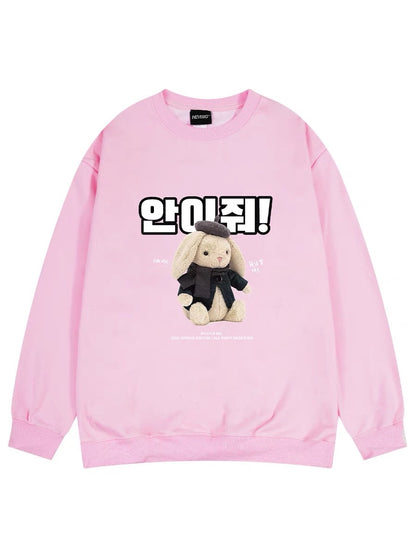 Rabbit sweatshirt men's spring and autumn American heavy pullover pink long-sleeved T-shirt trendy brand large size loose couple clothes