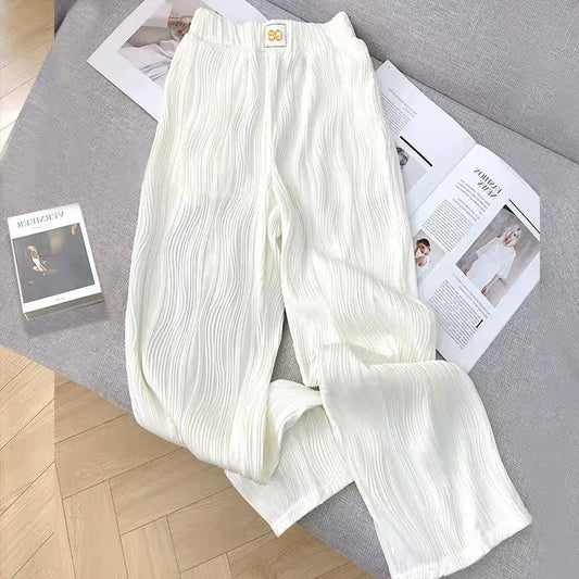 YLSZ customization ~ white wide-leg pants summer high-waist elastic drape water ripple straight nine-point casual pants ice silk (P124)