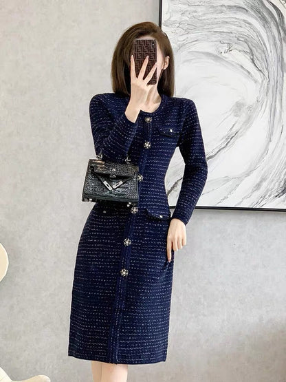 High-end small fragrance style bottoming hip knitted dress for women autumn and winter 2023 new French mid-length skirt (V6612) .