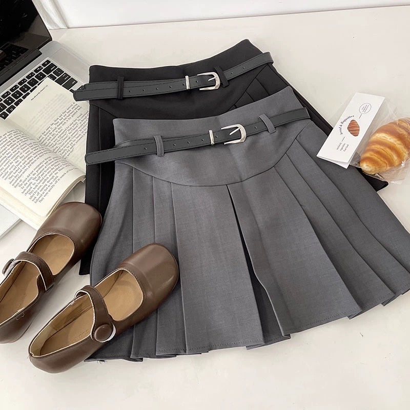 RENA with belt college style sweet and cool girly gray high waist cover hips slim A-line suit pleated skirt
