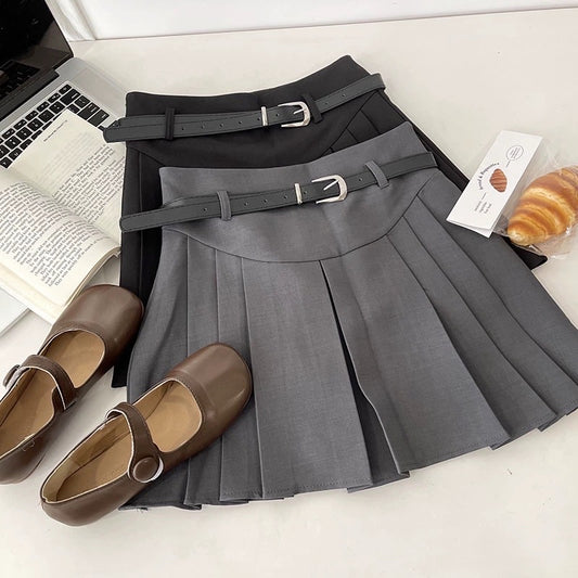 RENA with belt college style sweet and cool girly gray high waist cover hips slim A-line suit pleated skirt