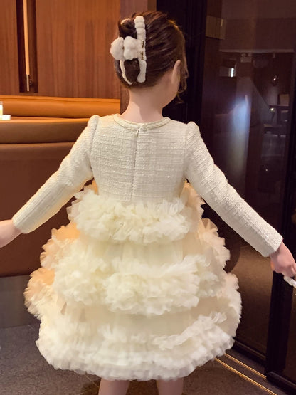 Girls Dresses Winter Wear 2023 New Style Children's Plush Cake Skirt Girls Small Fragrance Mesh Princess Dress