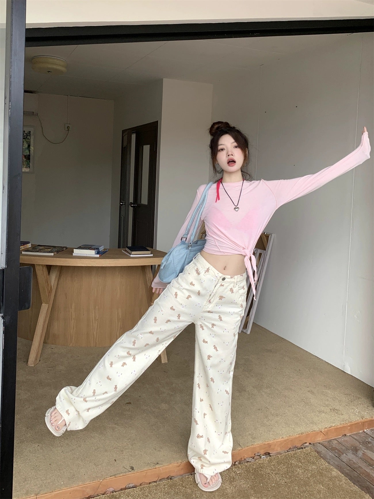 PPHOME printed straight pants ~ sweet and spicy bear printed high waist loose straight wide leg floor mopping denim trousers