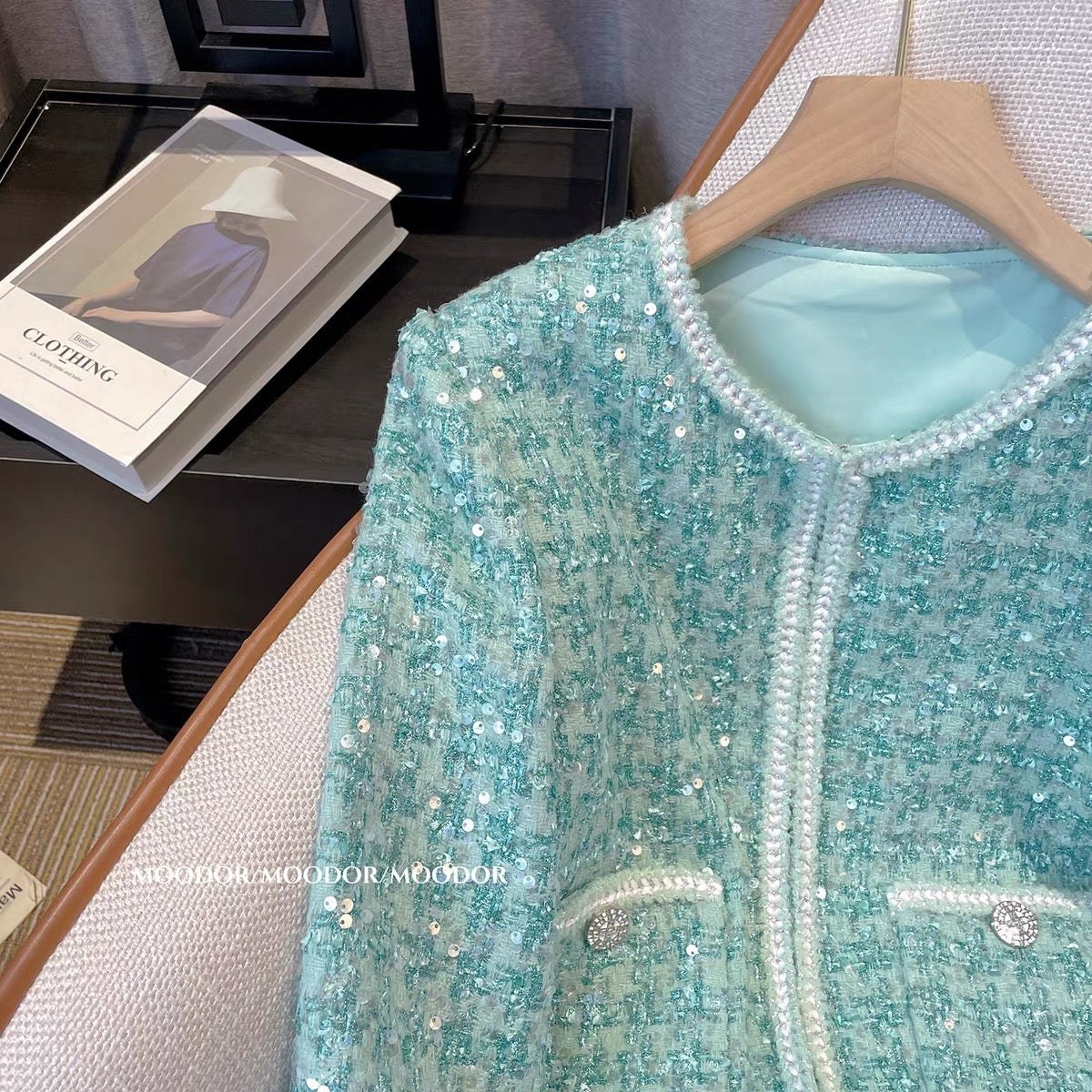 Green small fragrant wind tweed coat female autumn small temperament celebrity goddess fan sequin short top autumn
