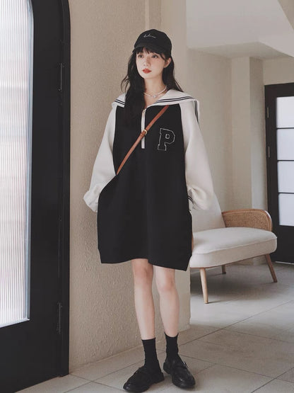 Navy collar sweatshirt dress for women spring mid-length 2023 new small loose sweet college style skirt