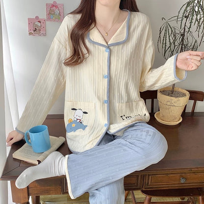 Pajamas women summer cardigan long-sleeved trousers suit summer ladies 2024 new cartoon spring autumn winter home clothes