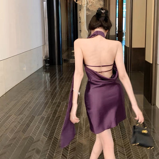 French Spice Girl Temperament High Sexy Backless Purple Satin Ribbon Halter Neck Suspender Dress Female Summer Bag Hip Skirt