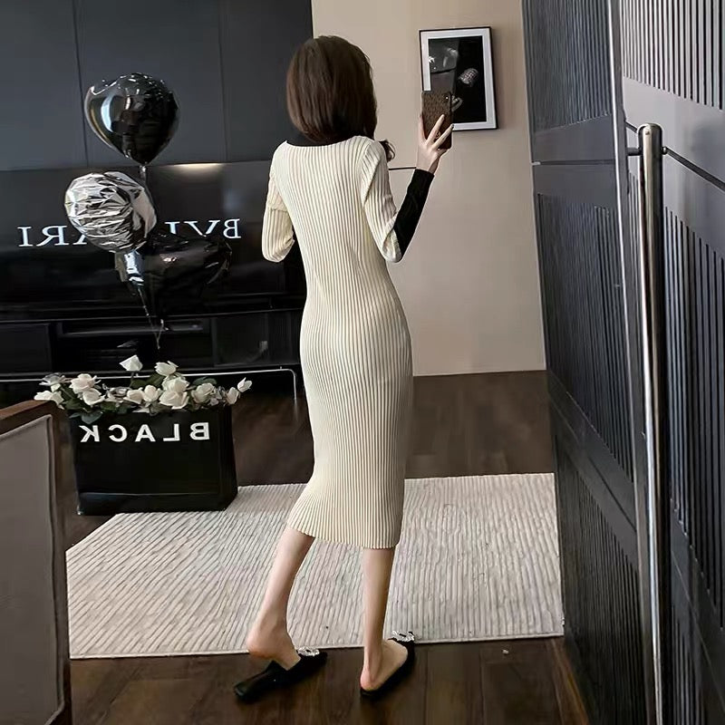 Mid-length inner-layered high-end and elegant French-style small fragrance style color-blocked knitted dress for women in autumn and winter sweater skirt