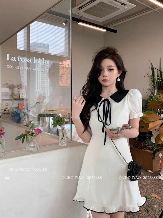Qiu Rouyao summer new waist slim skirt drawstring contrast color puff sleeves A-line slim high-end dress