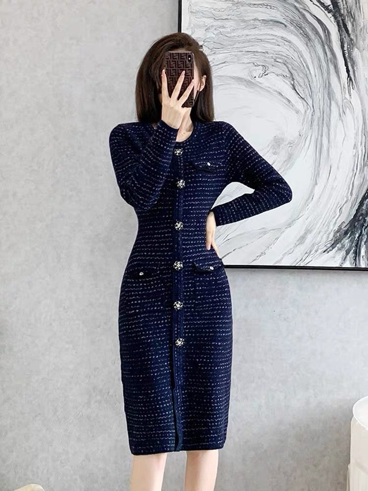 High-end small fragrance style bottoming hip knitted dress for women autumn and winter 2023 new French mid-length skirt (V6612) .