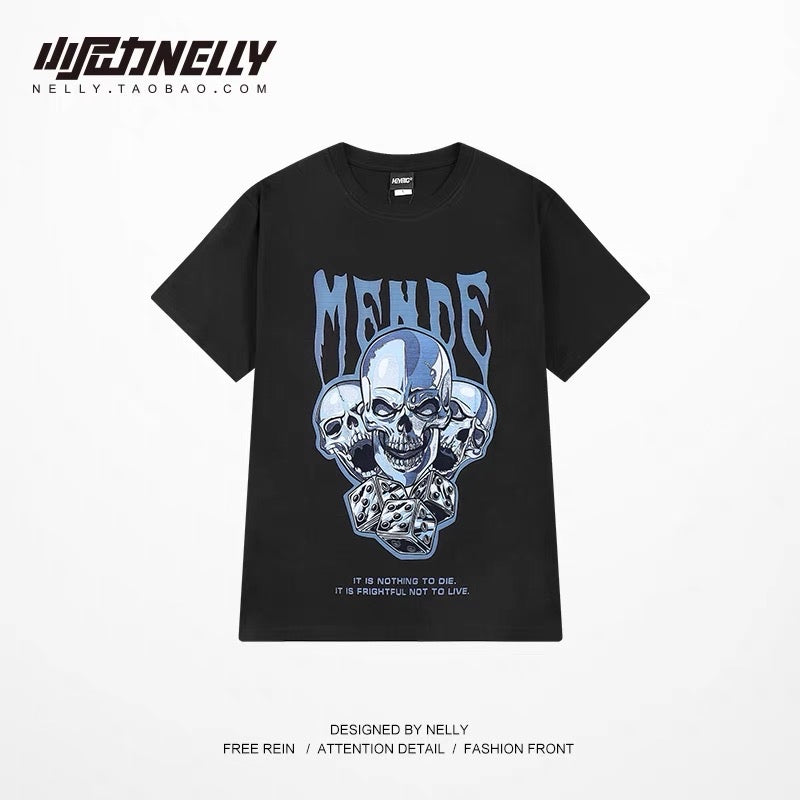 Skull ins Japanese street style round neck printed short-sleeved T-shirt men's trendy brand loose casual cotton five-quarter sleeve TEE