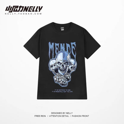 Skull ins Japanese street style round neck printed short-sleeved T-shirt men's trendy brand loose casual cotton five-quarter sleeve TEE