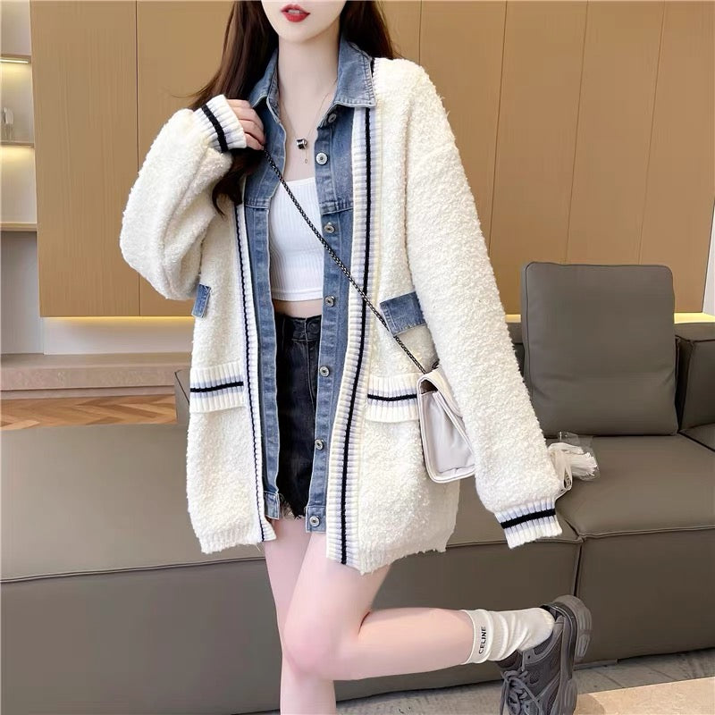 Designed denim splicing sweater cardigan for women 2023 new autumn casual loose and versatile knitted jacket (S0611)