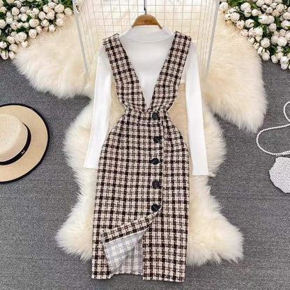Wool plaid suit skirt for women 2023 autumn and winter new style temperament waist slimming suspender dress sweater two-piece set