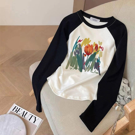 Contrast color pure cotton inner wear design sense splicing long-sleeved T-shirt female 2025 autumn and winter new European goods loose slim top M