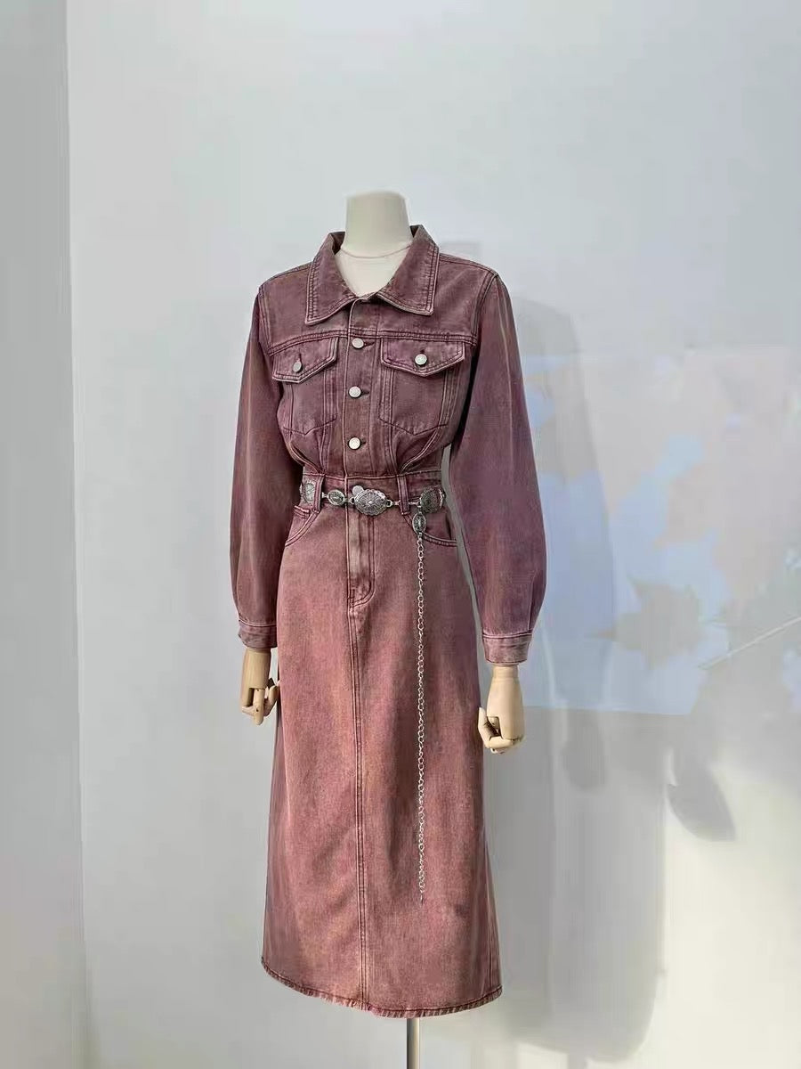 Miss Sheep 2023 New New Retro Hong Kong Style Colorful Denim Long Sleeve Polo High Waisted Waist Slim Dress Long Dress