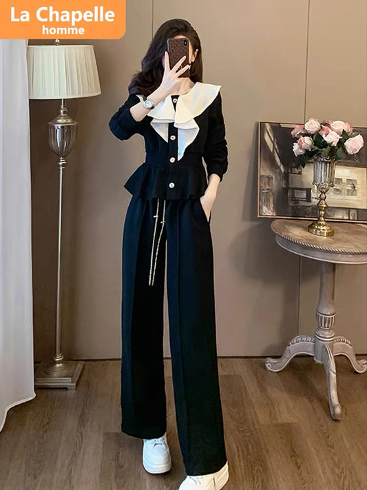 La Chapelle French Casual Sports Suit Women's Autumn 2023 New Fashion Design Ruffled Two-piece Set