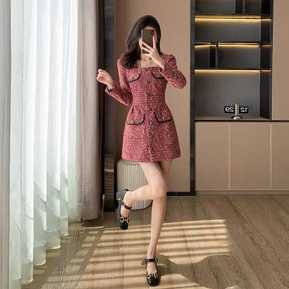 High-end red tweed small fragrant dress for women autumn 2023 new style small New Year skirt retro