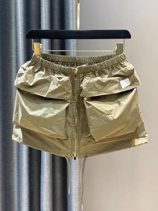 American thin section large pocket zipper tooling skirt women's summer elastic waist casual drawstring age-reducing A-line skirt