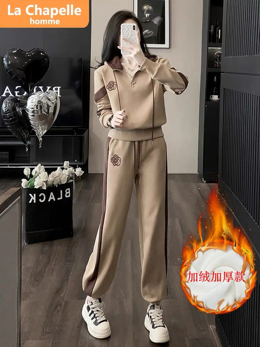 La Chapelle casual sports suit women's autumn and winter 2023 new rope hooded plus velvet sweatshirt and leggings pants two-piece set