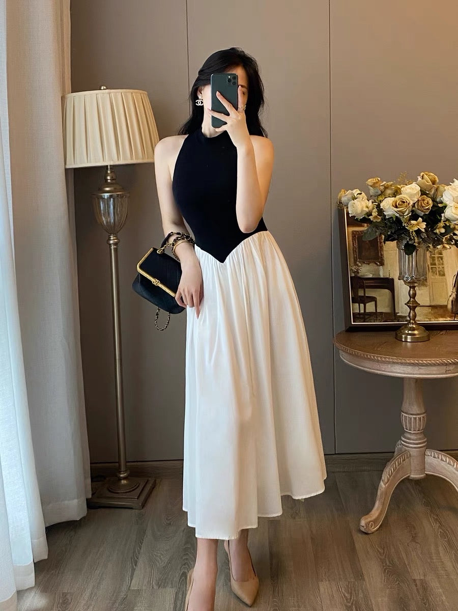 French retro sleeveless halterneck off-shoulder dress women's summer small fragrance contrast color high-quality temperament long dress