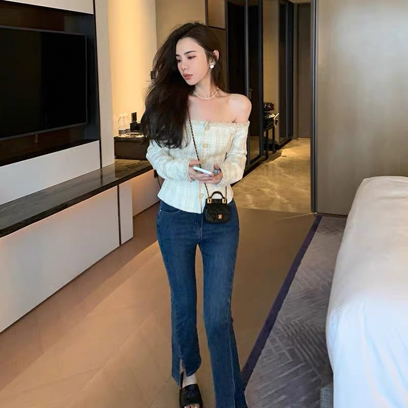 2023 Spring and Autumn New Style Xiaoxiang Style Long Sleeve Plaid One-Neck Off-Shoulder Short Slim Fit Sequin Jacket Top for Women