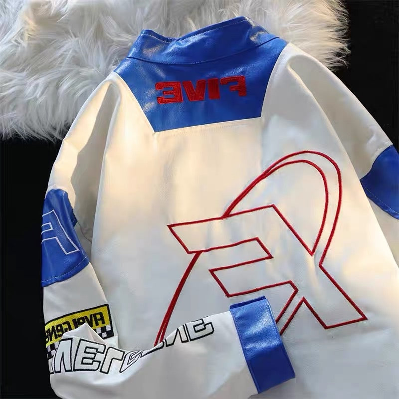 American tide brand vintage detachable racing suit men's and women's autumn and winter letter embroidery pu leather motorcycle jacket tide