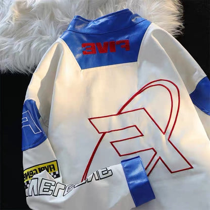 American tide brand vintage detachable racing suit men's and women's autumn and winter letter embroidery pu leather motorcycle jacket tide