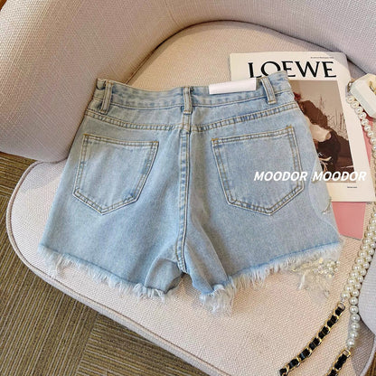 2023 new diamond-encrusted denim shorts women's summer thin loose high-waisted thin all-match a-line beaded hot pants tide